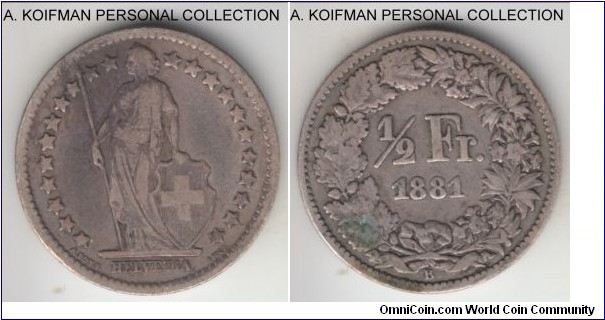 KM-23, 1881 Switzerland 1/2 franc, Bern mint (B mint mark); silver, reeded edge; early issue, good fine.