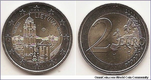2 Euro KM#228 8.5000 g., Bi-Metallic Nickel-Brass center in Copper-Nickel ring, 25.75 mm. Subject : Vilnius Obv: The design  shows a fragment of the Vilnius city panorama. At the left side is the inscription ‘VILNIUS’ and the mark of the designer. At the top right is the name of the issuing country ‘LIETUVA’ and the year of issuance ‘2017’. At the centre is the mintmark. The coin’s outer ring bears the 12 stars of the European Union. Rev: 2 on the left-hand side, six straight lines run vertically between the lower and upper right-hand side of the face, 12 stars are superimposed on these lines, one just before the two ends of each line, superimposed on the mid - and upper section of these lines; the European continent ( extended ) is represented on the right-hand side of the face; the right-hand part of the representation is superimposed on the mid-section of the lines; the word ‘EURO’ is superimposed horizontally across the middle of the right-hand side of the face. Under the ‘O’ of EURO, the initials ‘LL’ of the engraver appear near the right-hand edge of the coin. Edge: Fine milled, with LAISVĖ * VIENYBĖ * GEROVĖ *. Obv. designer: Vladas Orzekauskas ir Giedrius Paulauskis Rev. designer: Luc Luycx