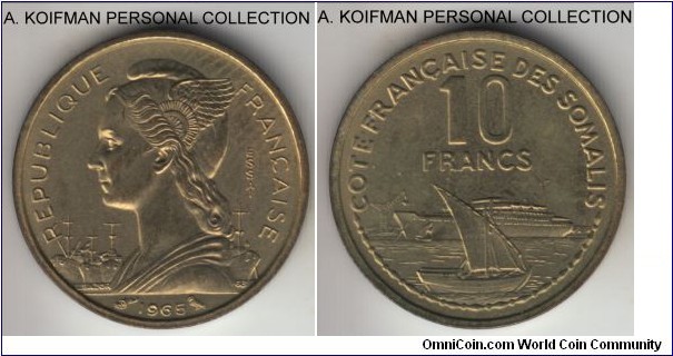 KM-E5, 1965 French Somaliland 10 francs; essai, aluminum-bronze, plain edge; toned uncirculated, mintage 2,000.