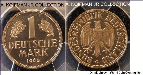KM-110, 1965 German mark, Karlsruhe mint (G mint mark); proof, copper-nickel, plain ornamented edge; smaller mintage of 1,200 pieces, nice cameo PCGS graded PR68CAM.