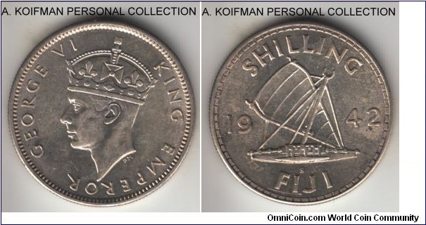 KM-12a, 1942 Fiji shilling, San Francisco mint (S mint mark); silver, reeded edge; common issue, about uncirculated.