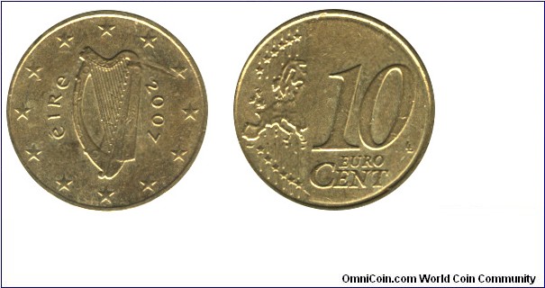 Ireland, 10 cents, 2007, Cu-Al-Zn-Sn, 19.75mm, 4.1g, Harp.