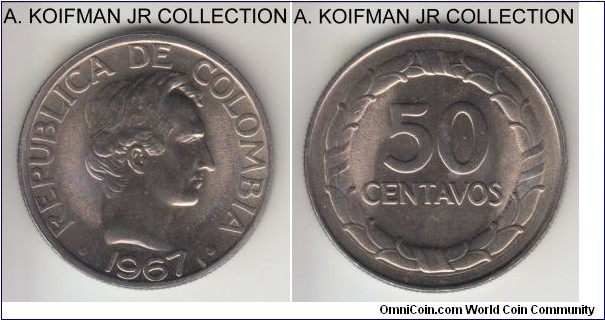 KM-228, 1967 Colombia 50 centavos; nickel clad steel, reeded edge; as minted uncirculated.