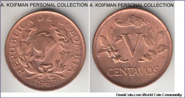 KM-206a, 1967 Colombia 5 centavos; copper clad steel, plain edge; mostly red uncirculated, small (narrow) date variety.