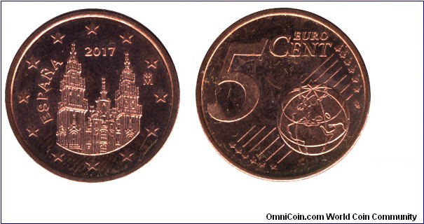 Spain, 5 cents, 2017, Cu-Steel, 21.25mm, 3.92g, Cathedral of Santiago de Compostela.