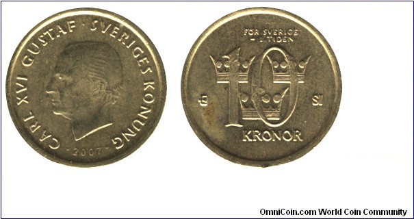 Sweden, 10 kronor, 2007, Cu-Al-Zn, 20.5mm, 6.6g, King Carl XVI Gustaf.