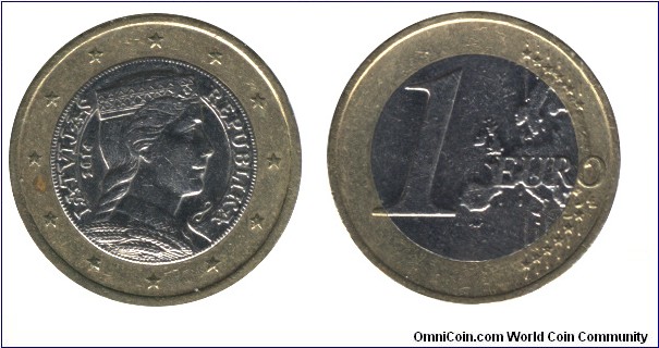 Latvia, 1 euro, 2014, Ni-Brass-Cu-Ni, 23.25mm, 7.5g, bimetallic, Female head in Folk costume.