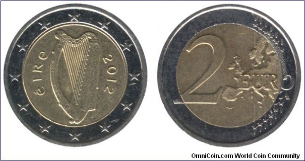 Ireland, 2 euros, 2012, Cu-Ni-Ni-Brass, 25.75mm, 8.5g, bimetallic, Harp.