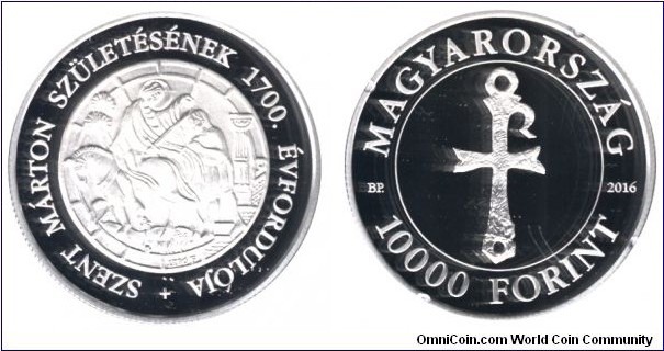 Hungary, 10000 forint, 2016, Ag, 37mm, 24g, 1700th Anniversary of the Birth of St. Martin.
