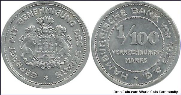 Germany-Hamburg 1/100 Mark 1923 (Notgeld)