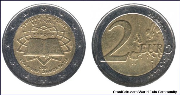Greece, 2 euro, 2007, Cu-Ni-Ni-Brass, bimetallic,  25.75mm, 8.5g, 50th Anniversary of the Signature of the Treaty of Rome.