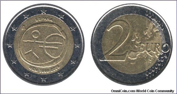 Spain, 2 euro, 2009, Cu-Ni-Ni-Brass, bi-metallic, 25.75mm, 8.5g, 1999-2009, 10th Anniversary of European Monetary Union.