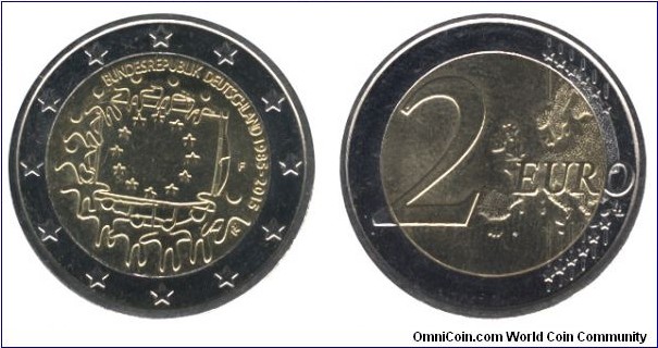 Germany, 2 euro, 2015, Cu-Ni-Ni-Brass, bi-metallic, 25.75mm, 8.5g, MM: F, 30th Anniversary of the European Flag.