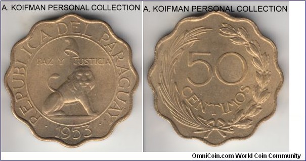 KM-28, 1953 Paraguay 50 centimos; aluminim-bronze, scalloped flan, plain edge; common issue, nice uncirculated.