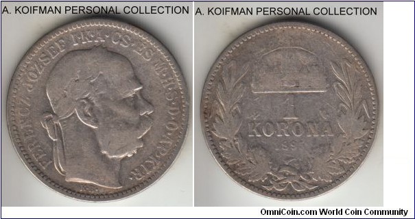 KM-484, 1895 Hungary (Austro-Hungarian Empire) korona, Kremnitz mint (KB mint mark); silver, lettered edge; well circulated, good or about, common issue.