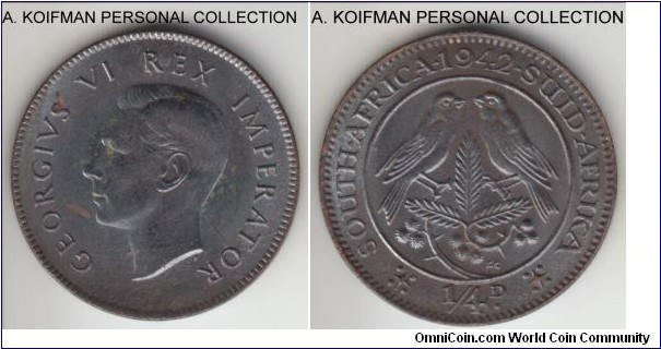 KM-23, 1942 South Africa (Dominion) farthing (1/4 penny); bronze, plain edge; mint blackened variety, less common than the regular red issue, average uncirculated, few spots.