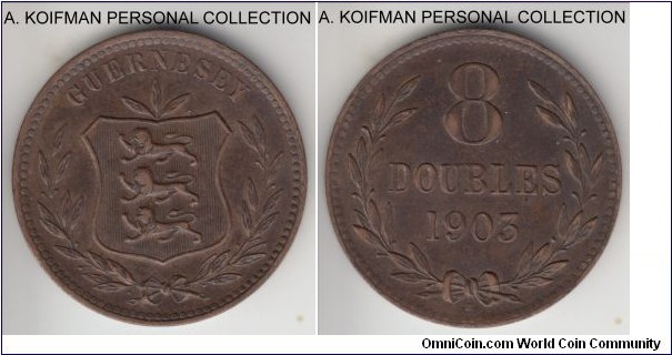 KM-7, 1903 Guernsey 8 doubles, Heaton mint (H mint mark); bronze, plain edge; extra fine or almost, dark brown, smaller mintage of 118,000.