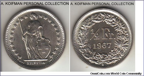 KM-23, 1967 Switzerland 1/2 franc; silver, reeded edge; last year of silver mintage, bright high end uncirculated.