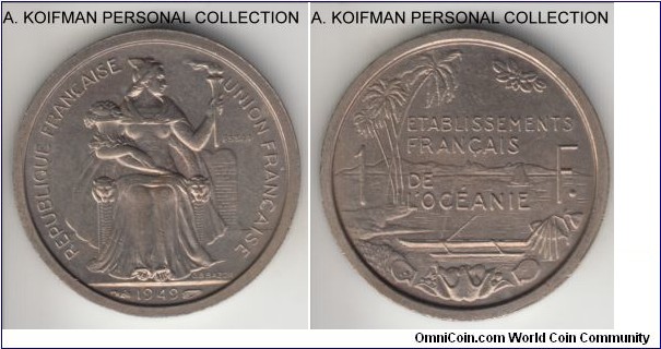 KM-E8, 1949 French Oceania franc; essai, copper-nickel, plain edge; toned uncirculated, mintage 2,000.