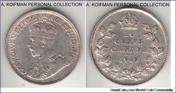 KM-23, 1919 Canada 10 cents; silver, reeded edge; good very fine to extra fine, some luster remains.