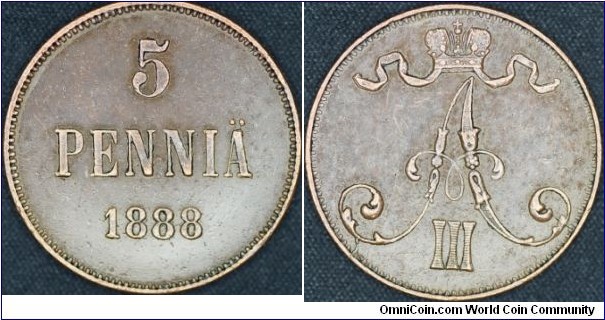 Copper 5 pennia minted for Finland. Die crack. 