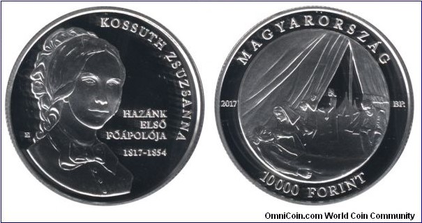 Hungary, 10000 forint, 2017, Ag, 38.61mm, 31.46g, 200th Anniversary of the Birth of Zsuzsanna Kossuth, first principal nurse of Hungary, 1817-1854.