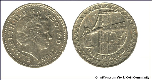 United Kingdom, 1 pound, 2005, Ni-Brass, 22.5mm, 9.5g, Queen Elizabeth II, Menai Bridge to the Isle of Angelesey.