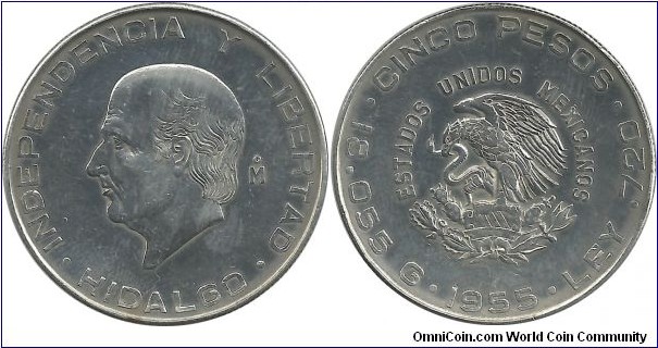 Mexico 5 Pesos 1955(.720 Ag) - Miguel Hidalgo y Costilla, who is called the father of Mexican Independence.