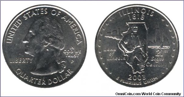 USA, 1/4 dollaR, 2003, Cu-Ni, 24.26mm, 5.67g, MM: P, G. Washington, Illionis - 1818, Land of Lincoln, 21st State Century.
