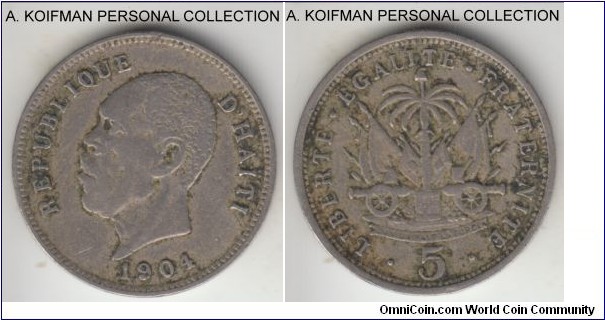 KM-53, 1904 Haiti 5 centimes; copper-nickel, plain edge; good fine, commonly circulated and a bit dirty.