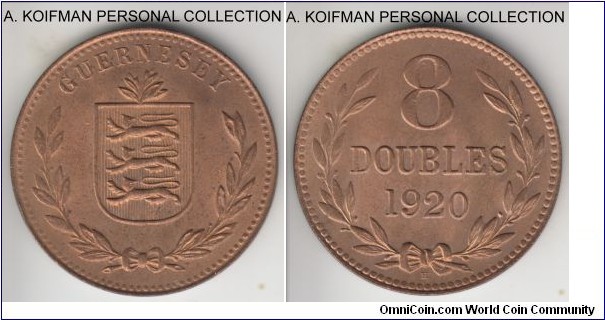 KM-14, 1920 Guernsey 8 doubles, Heaton mint (H mintmark); bronze, plain edge; rather common year, red uncirculated.