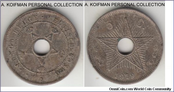KM-17, 1919 Belgian Congo 5 centimes; copper-nickel, plain edge; fine or better, but some environmental issues although the coin looks better at hand.