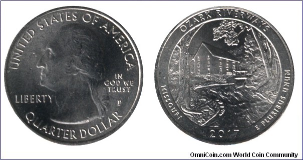 USA, 1/4 dollar, 2017, Cu-Ni, 24.26mm, 5.67g, MM: P, George Washington, Ozark Riverways, Missouri.