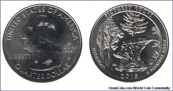 USA, 1/4 dollar, 2018, Cu-Ni, 24.26mm, 5.67g, MM: P, George Washington, Pictured Rock, Michigan.