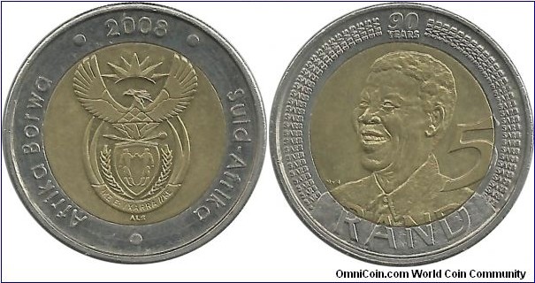 SouthAfrica 5 Rand 2008 (Sotho-Afrikaan)-Nelson Mandela's 90th Birthday