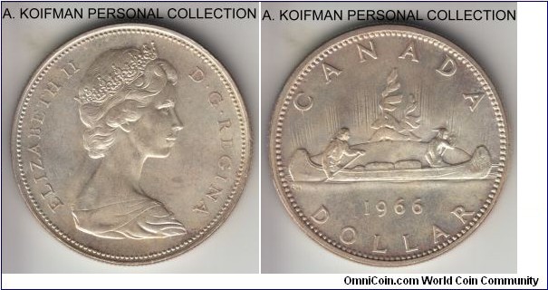 KM-64.1, 1966 Canada dollar; silver, reeded edge; Elizabeth II, last silver Voyager issue, average uncirculated, lightly toned.