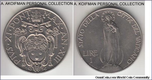  KM-5, 1934/XVII year of Pius XI Vatican lira; nickel, reeded edge; mintage 80,000, almost uncirculated.