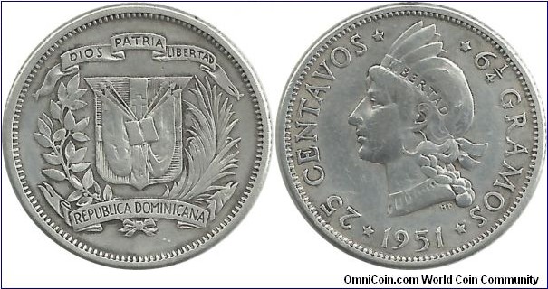 DominicanRepublic 25 Centavos 1951(p) ; Paris mint (I clean this coin)