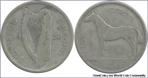 SAORSTAT EIREANN (Ireland) ½ Crown 1930 (14.14 g., 0.750 Ag, 32.3 mm.)