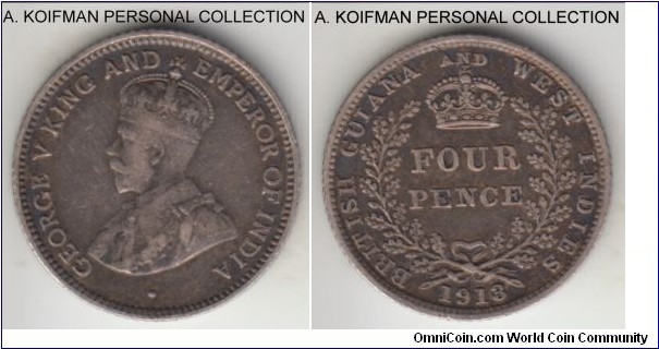 KM-28, 1913 British Guiana 4 pence; silver, reeded edge; scarce type with small mintage of 30,000 each of three years minted, about very fine.