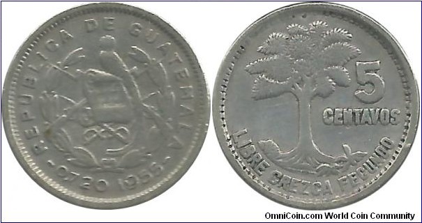 Guatemala 5 Centavos 1955 (Kapok Tree)