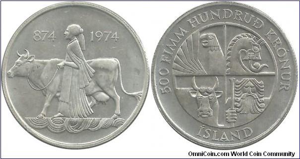 Iceland 500 Kronur 1974-1100th Year The First Settlement in Iceland