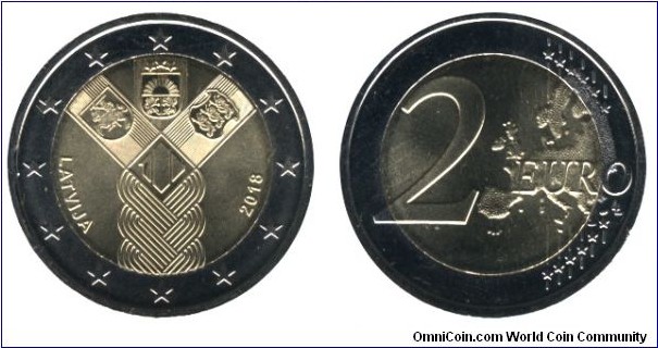 Latvia, 2 euro, 2018, Cu-Ni-Ni-Brass, bi-metallic, 25.75mm, 8.5g, 100th Anniversary of Baltic States.