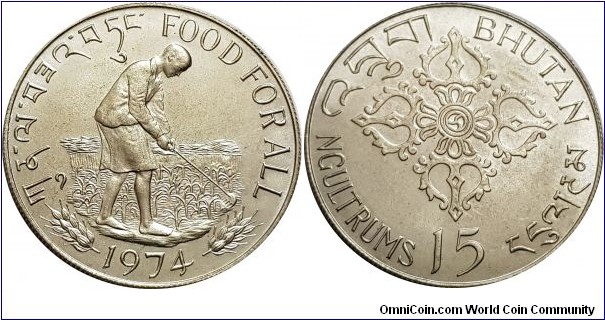 15 Ngultrums - Jigme Singye
Commemorative: FAO - Food for all
Silver (.500) – 22.30 g – ø 38.60 mm