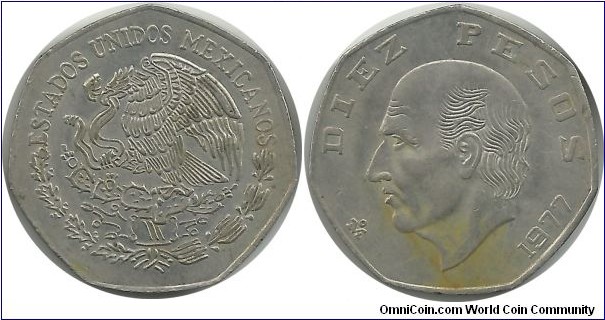 Mexico 10 Pesos 1977Mo (10g/30.5mm/thin flan:1.6mm)