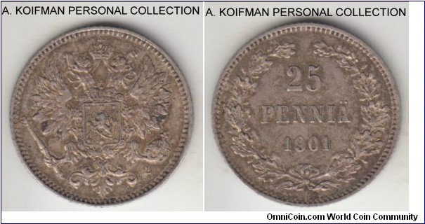 KM-6.2, 1901 Finland (Grand Duchy) 25 pennia; silver, reeded edge; one of the more common years of Nicolas II mintage, good very fine to extra fine, lovely toning.