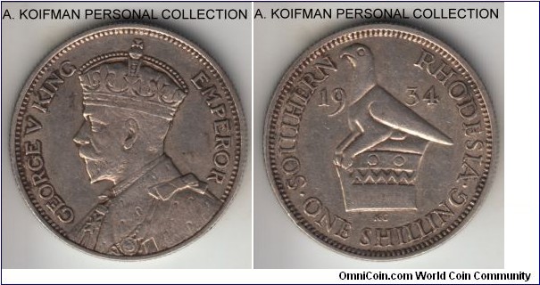 KM-3, 1934 Southern Rhodesia shilling; silver, reeded edge; scarcest year of George V, very fine or about.