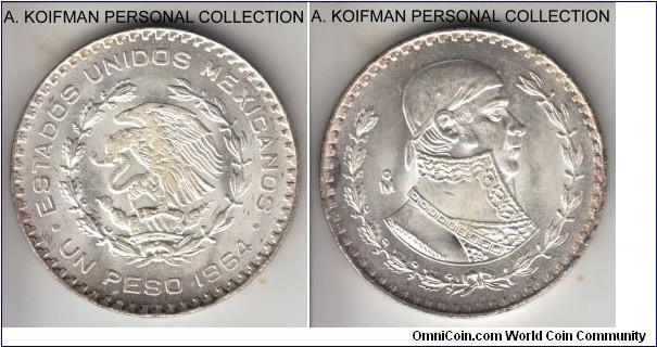 KM-459, 1964 Mexico peso; silver (low grade), lettered edge; minted in abundance with low content silver these coins were very easily worn out, this one is a brilliant white uncirculated specimen.
