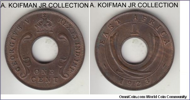KM-22, 1923 East Africa cent, Royal mint (no mint mark); bronze, plain edge; early George V, common year, mostly brown uncirculated.