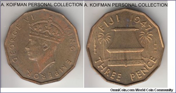 KM-15, 1947 Fiji 3 pence; nickel-brass, 12-sided fan, plain edge; scarce coin in high grades, despite relatively large mintage, toned obverse, uncirculated but a spot on reverse.